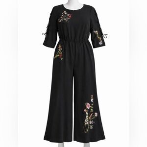 Women’s Lined Embroidered Jumper Tie Sleeve Elastic Waist Bell Pant 2X Boho NWT